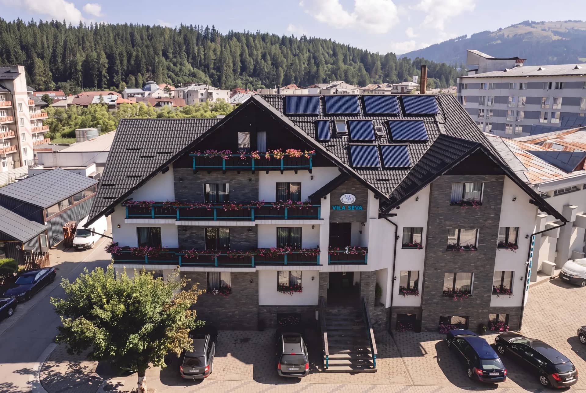Vila Seva seen from above, with the hills around the resort